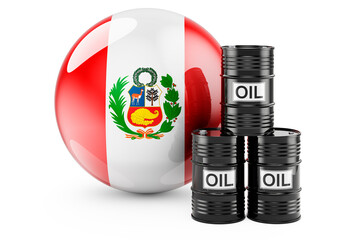 Oil barrels with Peruvian flag. Oil production or trade in Peru concept, 3D rendering