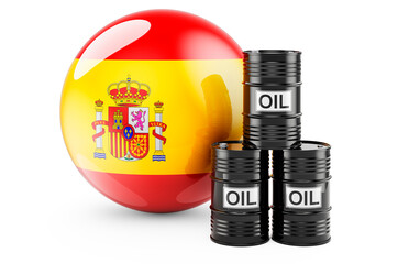 Oil barrels with Spanish flag. Oil production or trade in Spain concept, 3D rendering