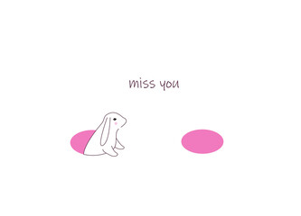 Sad white bunny is missing for a friend. Illustration for a postcards or print