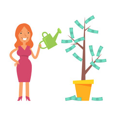 Money Tree. Young woman holding watering can and smiling. Vector characters