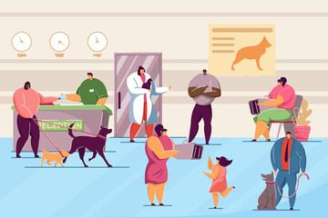 Animal clinic with pets and visitors flat vector illustration. Veterinary hospital interior with doctors and patients caring about dogs and cats. Animal, pets, medical care, veterinary concept