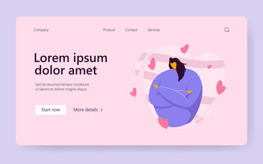 Love yourself and body positive concepts. Happy woman surrounded by hearts hugging herself, expressing love, confidence, and care. Flat vector illustration