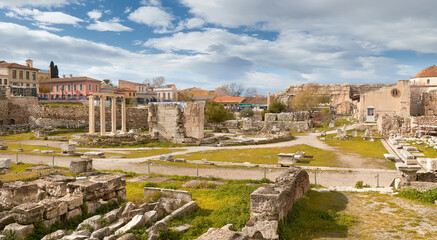 Hadrian's Library, North side of the Acropolis of Athens in Greece. Panoramic banner image, Autumn...