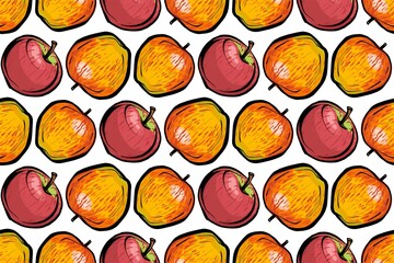Seamless pattern. Red and orange apples on a white background. Dense polka dot pattern. Apples is a realistic sketch.