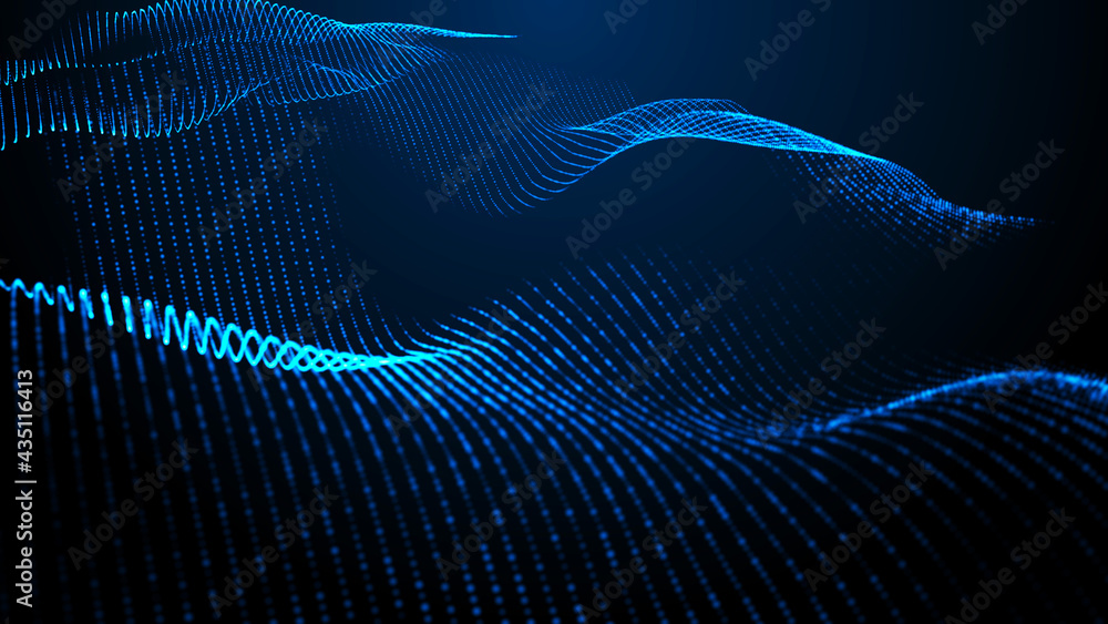 Poster abstract digital background. futuristic wave of dots and weave lines. digital technology. 3d renderi