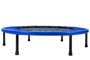 round fitness trampoline on legs, for training or for children, on a white background, side view - obrazy, fototapety, plakaty