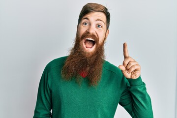 Redhead man with long beard wearing casual clothes pointing finger up with successful idea. exited and happy. number one.