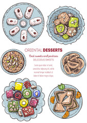 Oriental sweets vector illustration, top view. Middle eastern food, hand drawn. Food menu background. Colorful design template. EPS10