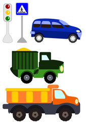 Toy cars for scrapbooking, collages, applications, truck, traffic light, pedestrian crossing, dump truck, passenger car svg