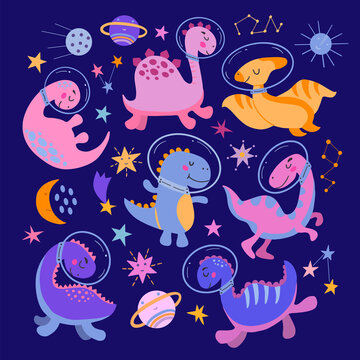 Set of cute cartoon dinosaurs in space. Vector graphics on a dark blue background. Bright childish image for the design of covers of notebooks, packaging, posters, postcards, prints for pillow