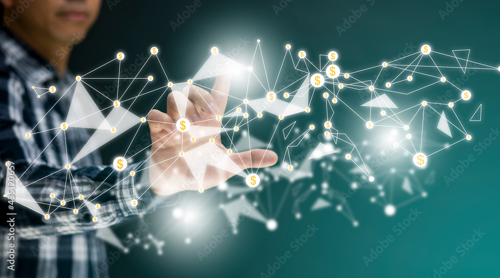 Poster man touchscreen on the graph screen icon of a media screen, technology process system business with 