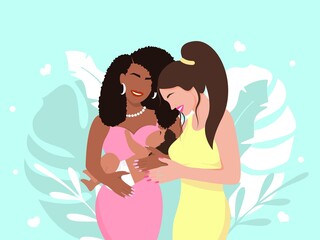 Lesbian couple with baby. African american woman holds beautiful toddler white girl hugs her. Loving homosexual family with long awaited eco vector child