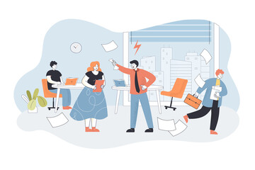 Angry boss shouting at workers in office. Flat vector illustration. Nervous boss unsatisfied with work done, scolding his subordinates, while chaos in office. Business, conflict, management concept