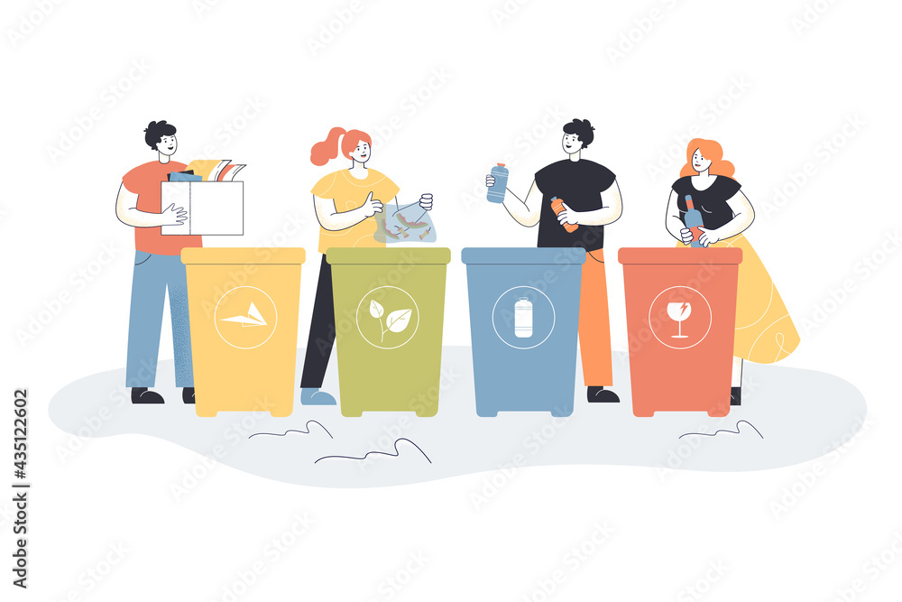 Aufkleber cartoon people sorting trash flat vector illustration. people putting garbage in different trash can