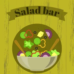 Fotobehang Bowl with vegetable salad. Natural and healthy food. Salad bar lettering for icon, logo, sign. Can be used as a sign for a restaurant. Vector design elements. © Yuliia