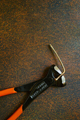 Obraz premium Bent old nail pulled out with a locksmiths pliers, forged metal, professional realistic tool
