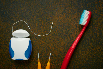 Toothbrushe, dental floss, interdental toothbrushes, oral hygiene items, close up