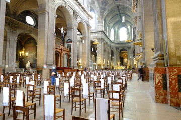 The chairs disposal at the Saint-Sulpice parisian church, during the coronavirus pandemic. Paris, France the 22th May 2021.