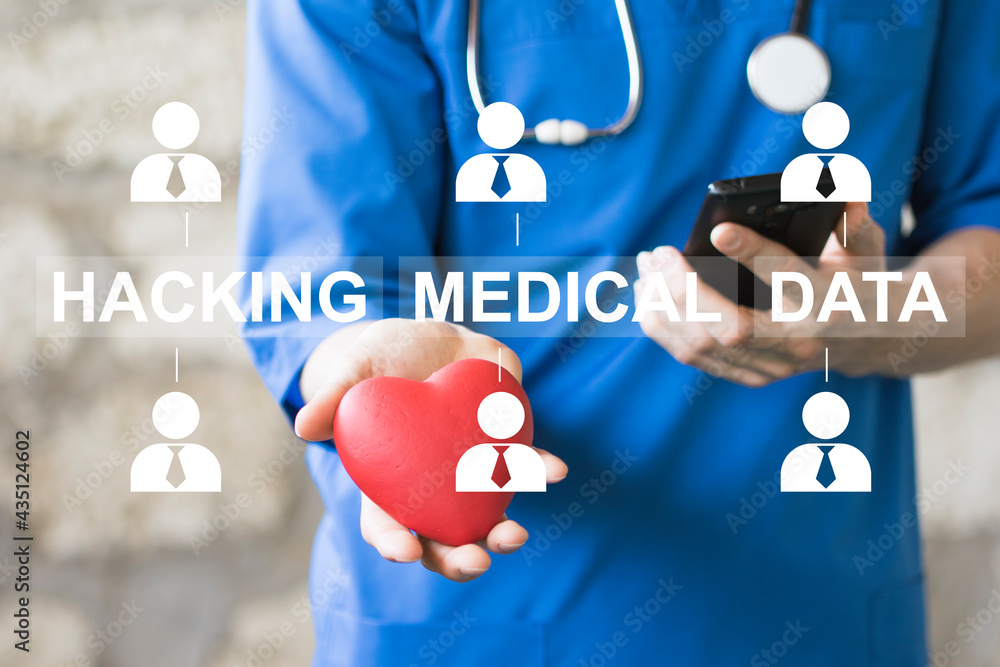 Aufkleber hacker using medical virtual interface on blurry background. healthcare and data hacking concept.