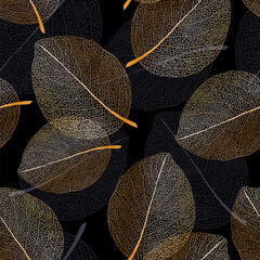 Luxury golden seamless abstract background with veined leaves.