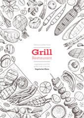 Grill menu design template. Grilled vegetables top view frame, vegetarian cuisine. Vector illustration. Engraved design. Hand drawn illustration. Food on the grill.