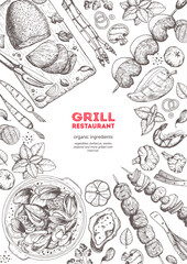 Grilled meat and vegetables top view frame. Vector illustration. Engraved design. Hand drawn illustration. Grill restaurant menu design template.