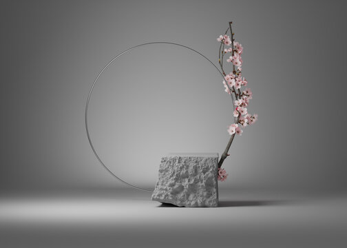 3D Background, Gray Rock Podium, Stone Display. Sakura Pink Flower Branch, Cherry Blossom And Circle Frame Rim . Cosmetics Or Beauty Product Promotion Step Pedestal. Abstract Minimal Banner, 3D Render