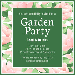 Summery square shaped invitation with pink flowers. The font names are listed in the eps metadata description.