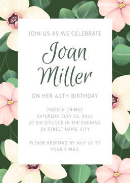 Summery invitation template with flowers in the background. The font names are listed in the eps metadata description.