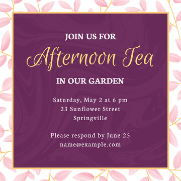Purple, square shaped afternoon tea invitation with pink flowers in the background. The font names are listed in the eps metadata description.
