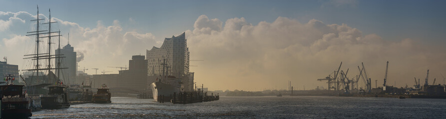 Panorama in the morning at the landungsbrücken in hamburg with elbphilharmonie concert hall 