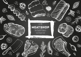 Meat top view frame. Vector illustration. Engraved design. Hand drawn illustration. Pieces of meat design template.