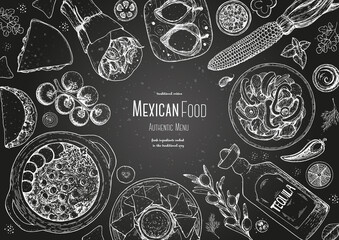 Mexican food top view frame. A set of mexican dishes with pozole, quesadillas, tacos, burrito. Food menu design template. Vintage hand drawn sketch vector illustration. Mexican cuisine engraved image.