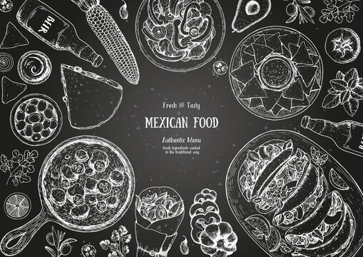 Mexican food top view frame. A set of mexican dishes with quesadillas, burritos, nachos, fajitas. Food menu design template.Vintage hand drawn sketch vector illustration.Mexican cuisine engraved image