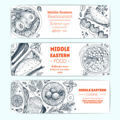 Middle eastern cuisine, banner set. Food menu design with hummus, kebab, shawarma, gefilte fish, matzoh ball soup. Vintage sketch vector illustration. Middle eastern traditional food
