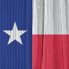 Texas state flag on dry wooden surface. Bright square illustration, background or backdrop made of old wood. The symbol of one of the American states. Lone Star State. Solar lighting with hard shadows