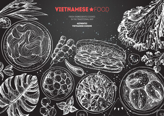 Vietnamese food top view frame. A set of vietnamese dishes . Food menu design template. Hand drawn sketch vector illustration. Engraved style.