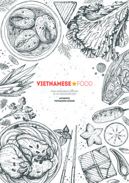 Vietnamese food top view frame. A set of vietnamese dishes with caramelized fish, pho soup, buncha, salads . Food menu design template. Vintage hand drawn sketch vector illustration. Engraved image.
