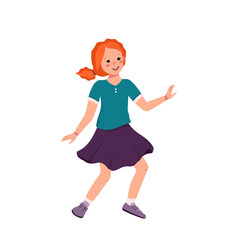 A girl with red curly hair and freckles in a shirt, skirt and sneakers dance. Happy cute kid smiling. Teenager with a face in casual clothes. World International children day