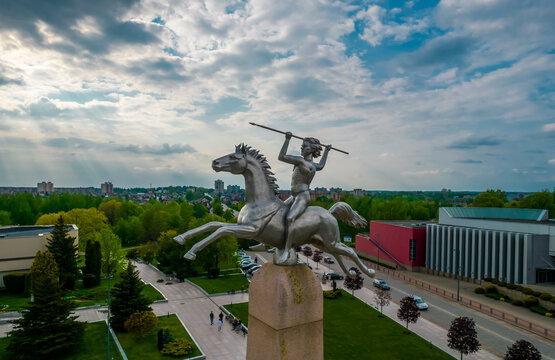 Aerial view of central square with monument in Marijampole city in Lithuania