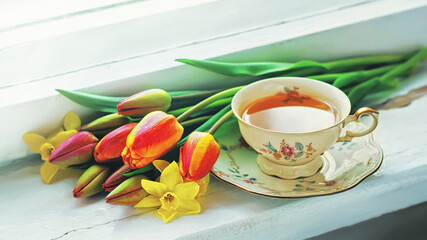 Tulips, daffodils and vintage cup of tea on the wooden windowsill, selective focus.	