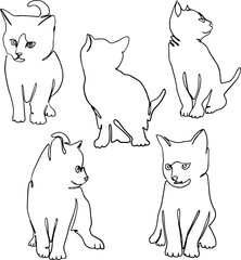 Line art Illustration happy kitten set monoline. Vector illustration