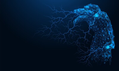 Electricity coming from the fingers of the hand. Polygonal construction of lines and points. Blue background.