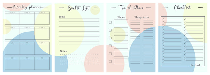 Set of minimalist planners. Daily, weekly, monthly planner template. Blank white notebook page isolated on grey. Business organizer page. Paper sheet. Realistic vector illustration.