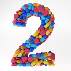 Numeral two made of various colorful pills and tablets. 3d illustration medical's font. isolated on white background