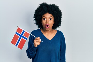 Young african american woman holding norway flag scared and amazed with open mouth for surprise, disbelief face