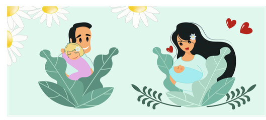 Happy parents. Mom with son and dad with daughter. Decorative banner, postcard, background with hearts and daisies for the Day of family, love and fidelity. Vector illustration on a light background