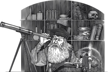 Black and white vector drawing of of an ancient astronomer looking to telescope - obrazy, fototapety, plakaty