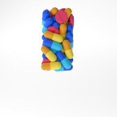 Letter Yod made of various colorful pills and tablets. 3d illustration medical's font. isolated on white background