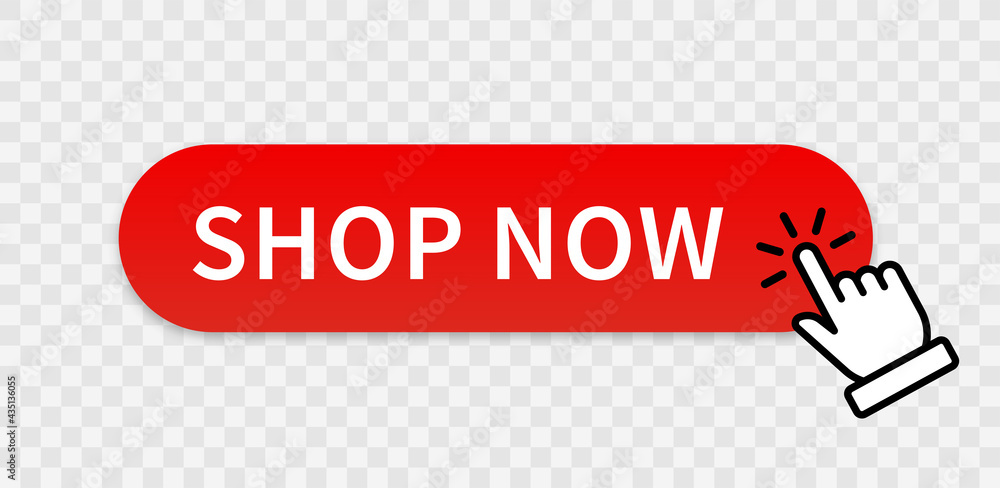 Aufkleber shop now red button with hand cursor. buy now hand pointer clicking. click here banner with shadow. 